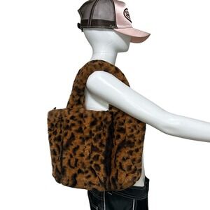 Aqua Leopard Print Faux Fur Tote Bag